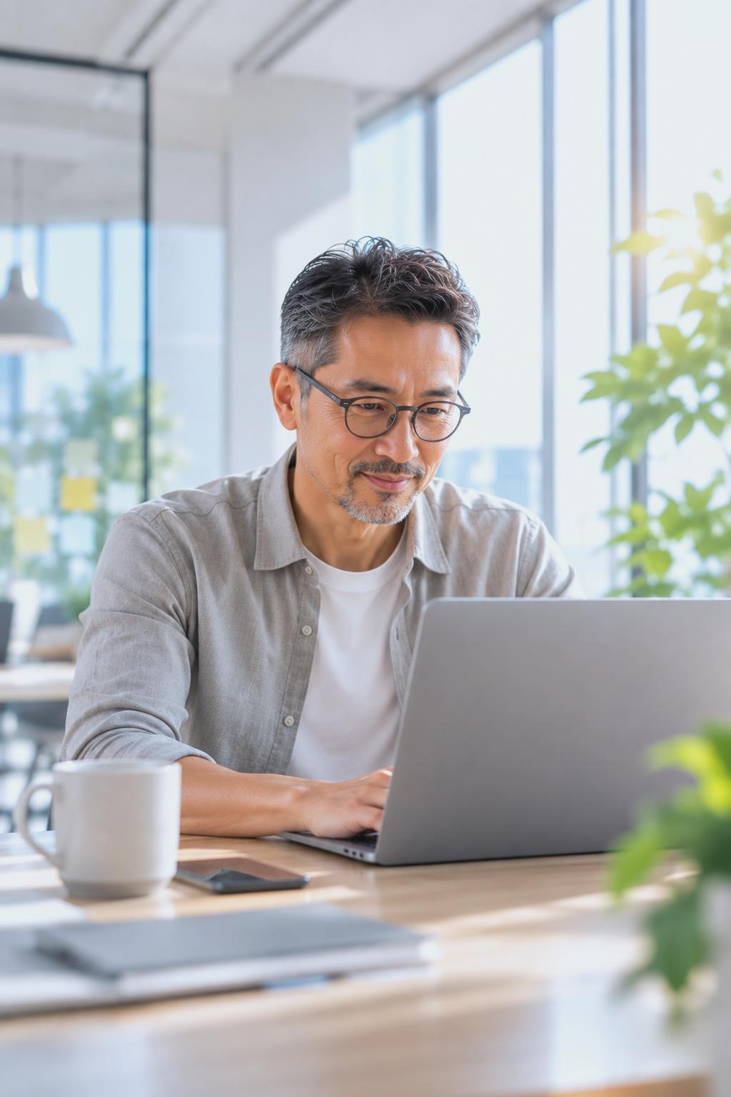 Colleague working at a laptop in a bright office
