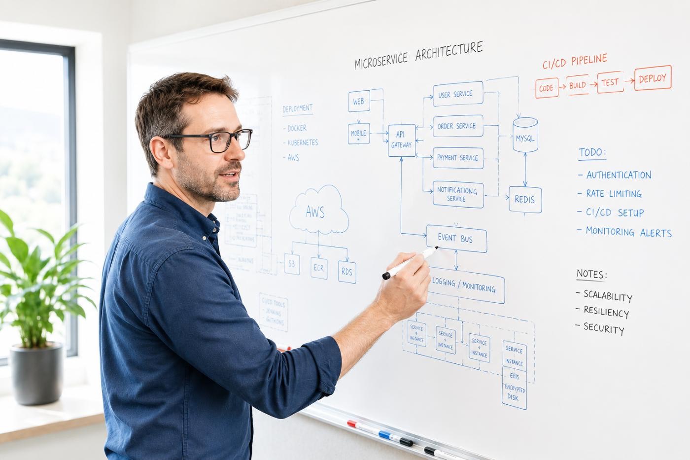 Engineer sketching a microservice architecture on a whiteboard